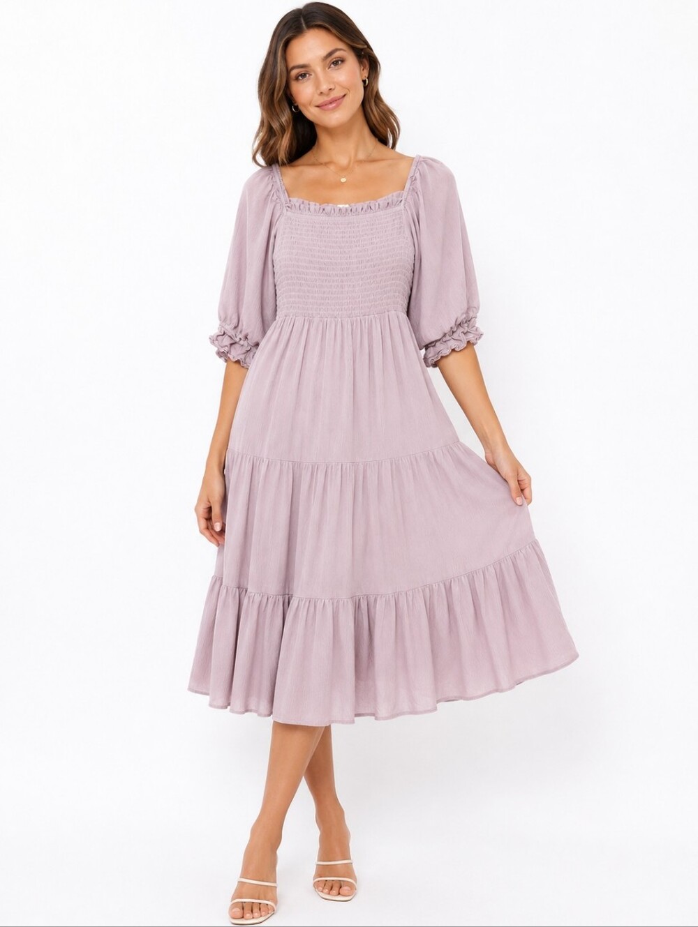 Oak + Fort Smocked Tiered Midi Dress – Blush Pink – Size S
